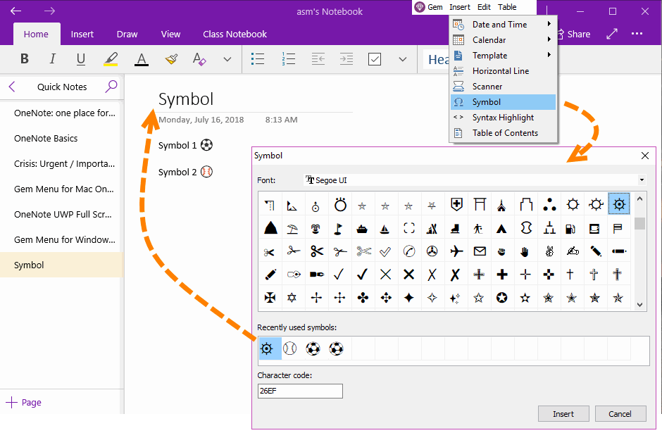 Symbol Feature for OneNote for Windows 10 (UWP)
