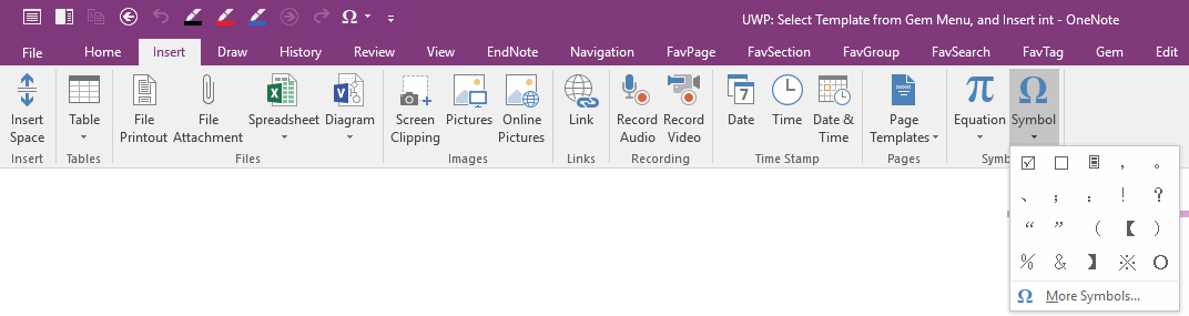 Symbol Feature of OneNote 2016