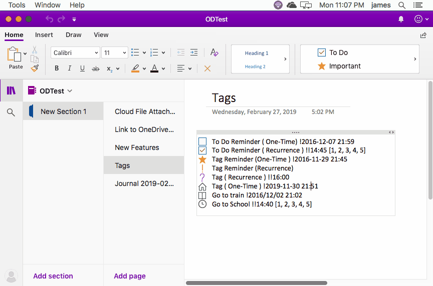 Use Gem Menu to export MAC OneNote tags to a .xml file.