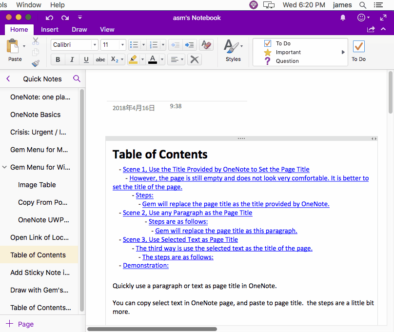Use the Gem Menu to quickly select a paragraph as the title of the page in Mac OneNote.