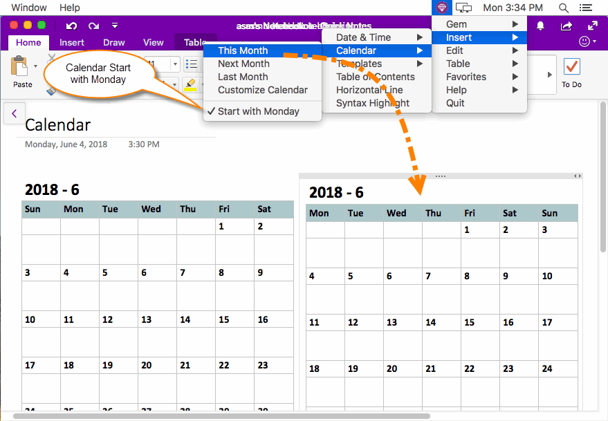 MAC Insert This Month Calendar into Current OneNote Page Office