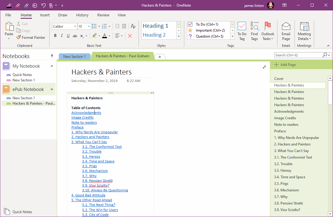 Design a OneNote Section for ePub