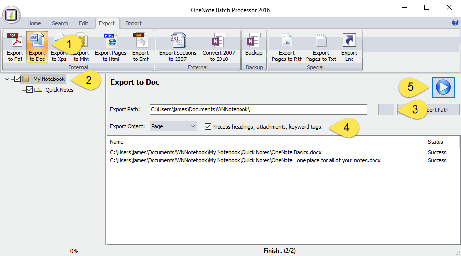 OneNote Batch: Export all Pages in all Notebooks to Docx Files 