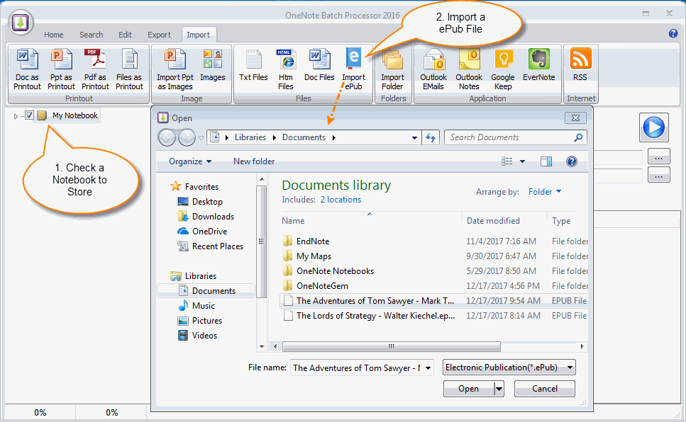 Import an eBook ePub File into OneNote - Office OneNote Gem Add-Ins