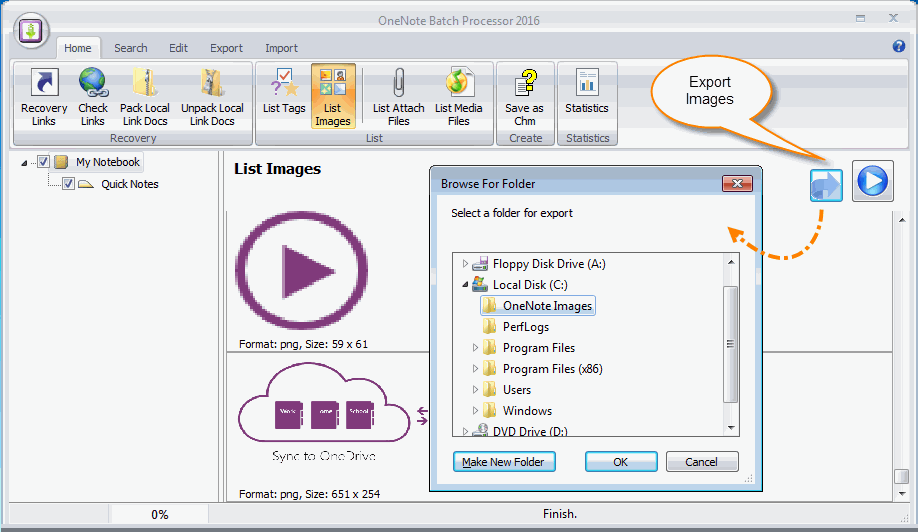 Export the OneNote Images in List