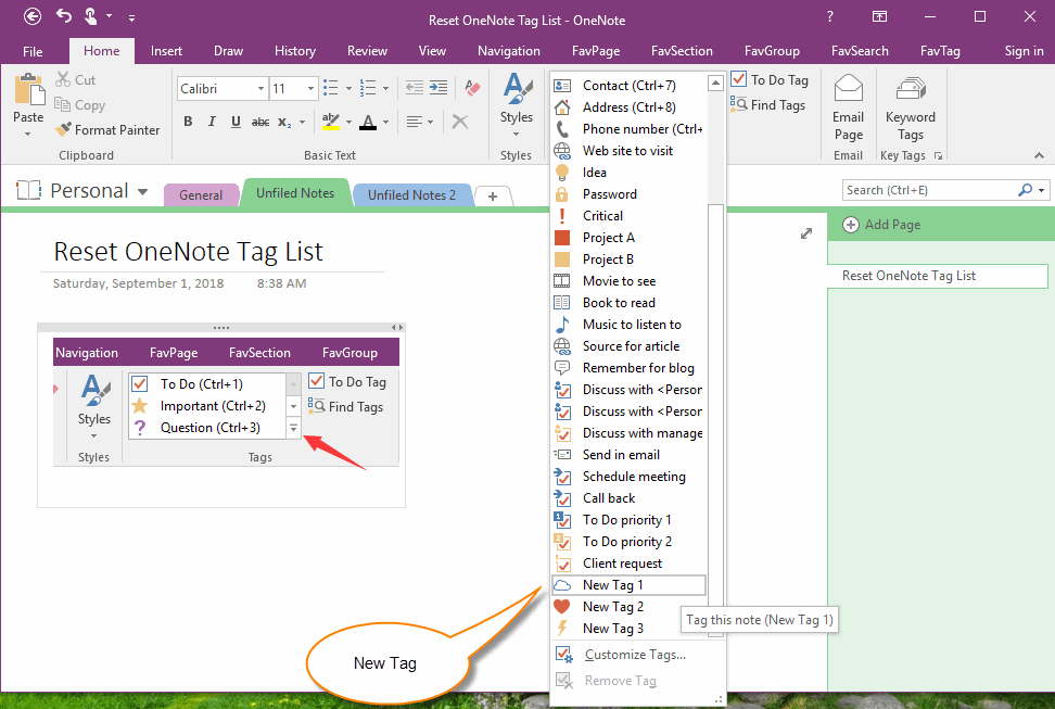Customize Tags Shown in the List of Tags in OneNote