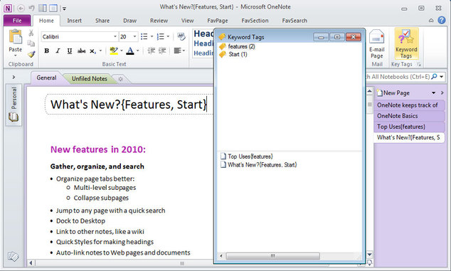 OneNote Keyword Tags Window