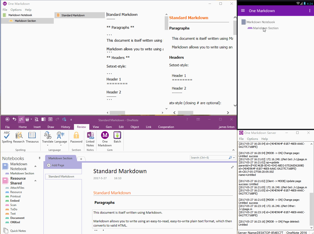 Markdown -> Android -> One Markdown Server -> OneNote