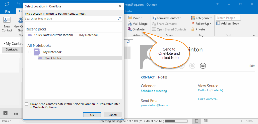 Send Contact to OneNote from Outlook