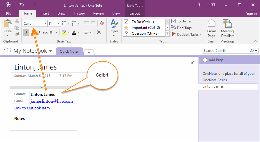 OneNote Insists Use Calibri for Contact Page