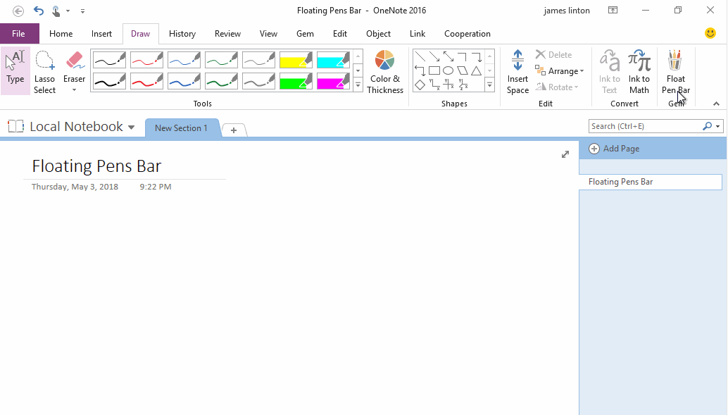 Using Gem's floating pens bar to quickly choose drawing pen and highlighter  in OneNote full page view.