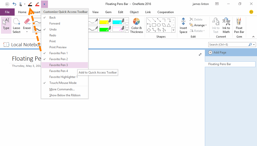 Add Favorite Pens to OneNote Quick Access Toolbar