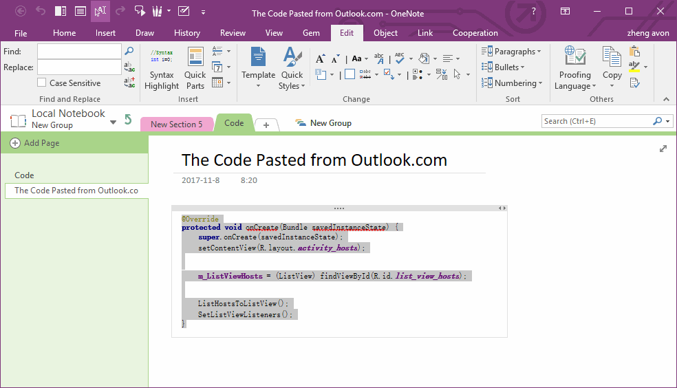 Paste Code to OneNote from Outlook.com