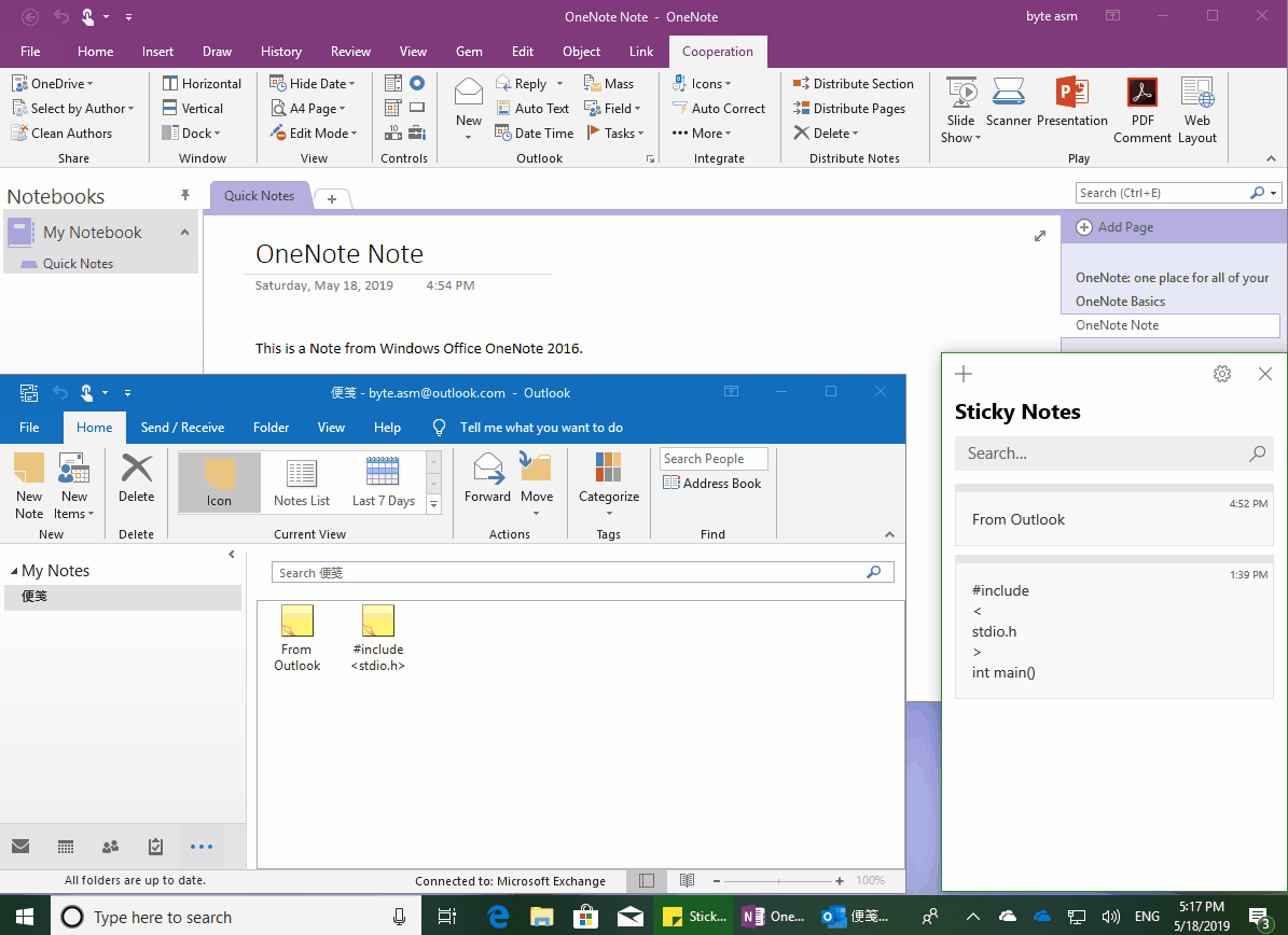 Using Gem AddIn to create a note of Outlook and Microsoft Sticky Notes from OneNote directly. 