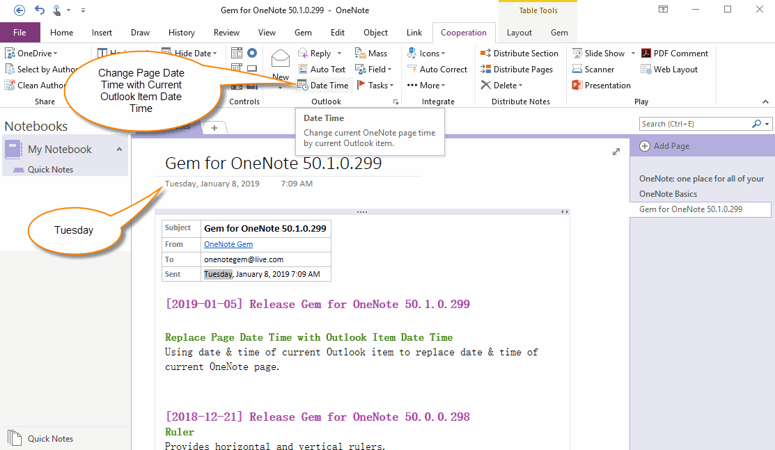 Modify OneNote Page Date Time for Outlook Email Date Time 