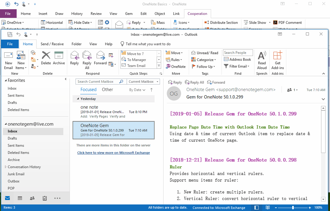 Use the Gem Menu plug-in to replace the date time of the OneNote page with the date time of the Outlook message.