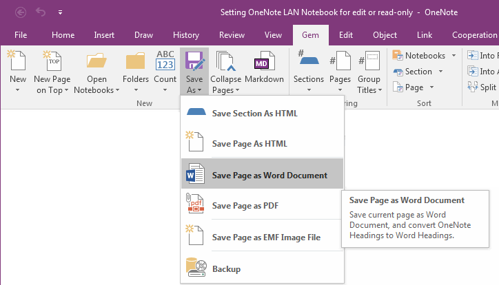 Gem Save OneNote Page as Word Document