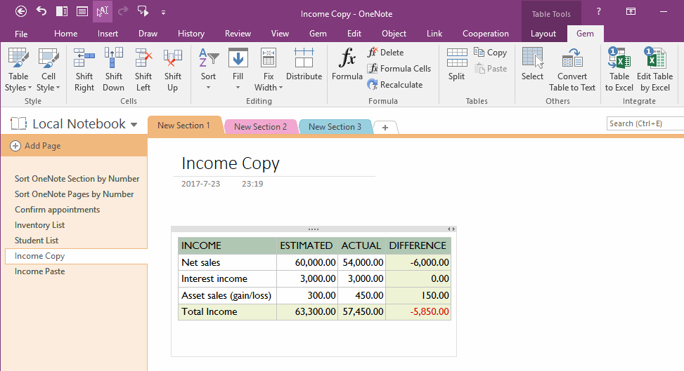 A OneNote Table
