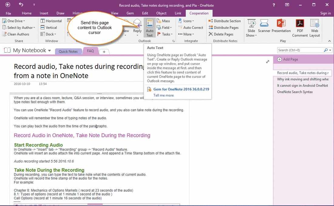 Insert OneNote Auto Text to Outlook Cursor
