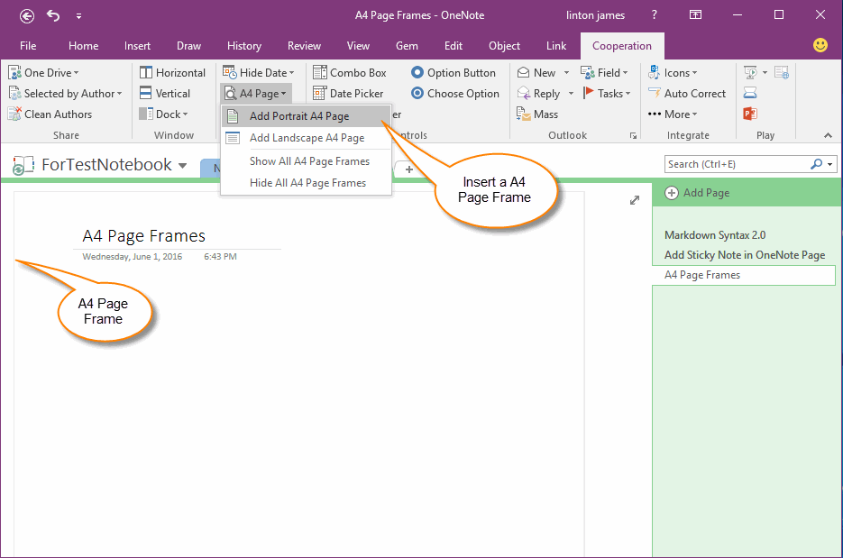 Insert an A4 Page Frame into OneNote Page