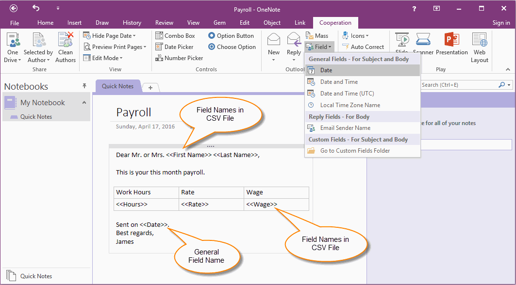 How to use Mail Merge from a .csv file to do Mass Mailings in OneNote