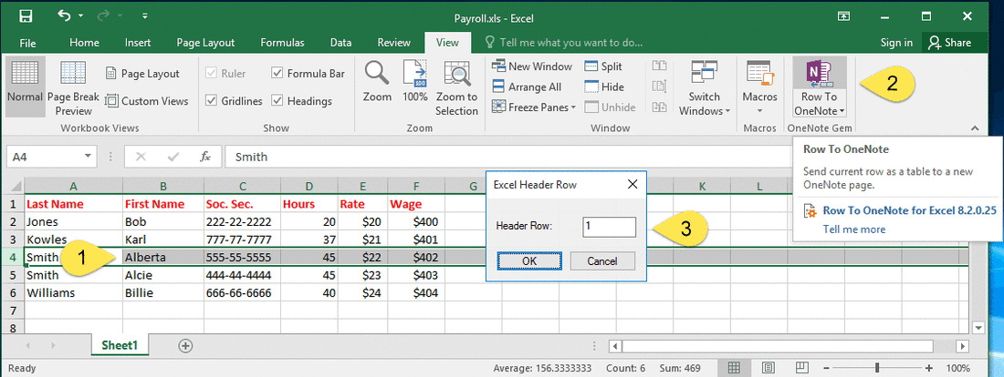 Send Excel Row as a Table to OneNote