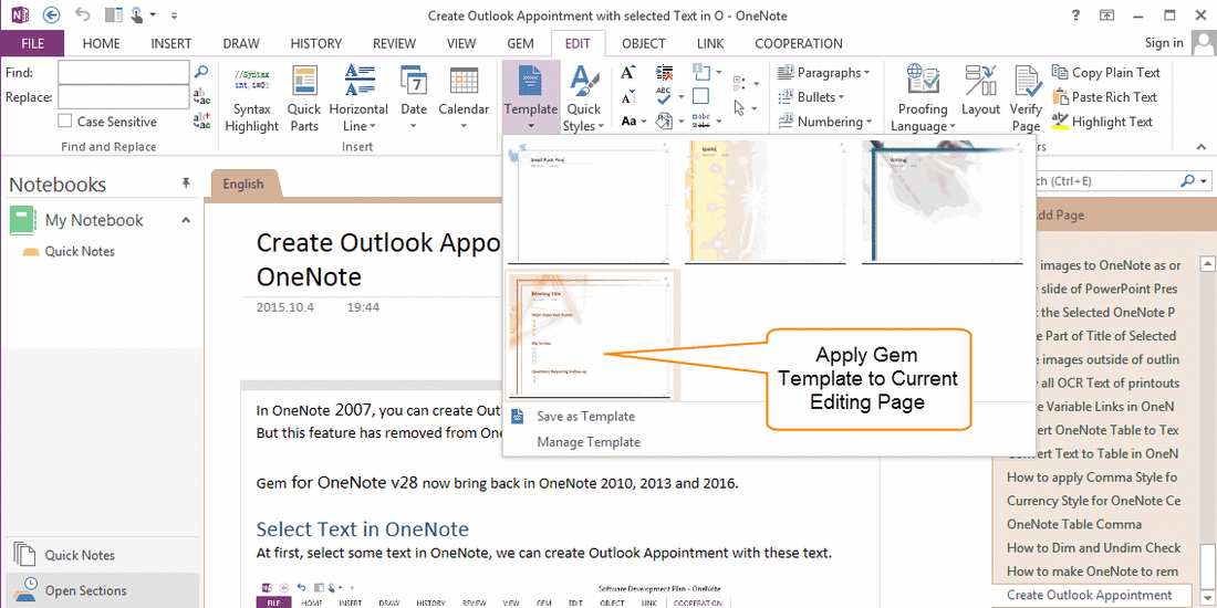 Select an OneNote page
