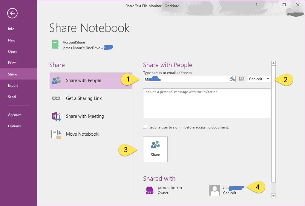 User A: Share a Notebook to User B in OneNote 2016