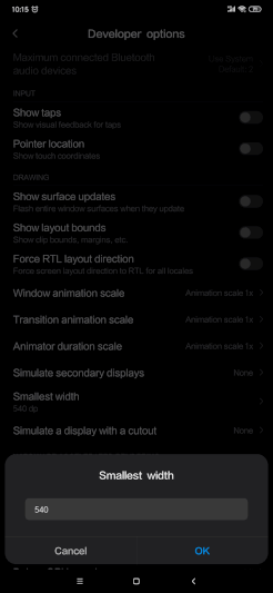 Modify the Display Width DPI in the Settings of Android 