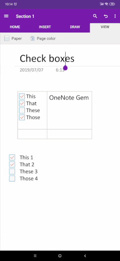 View Tab of Android OneNote 