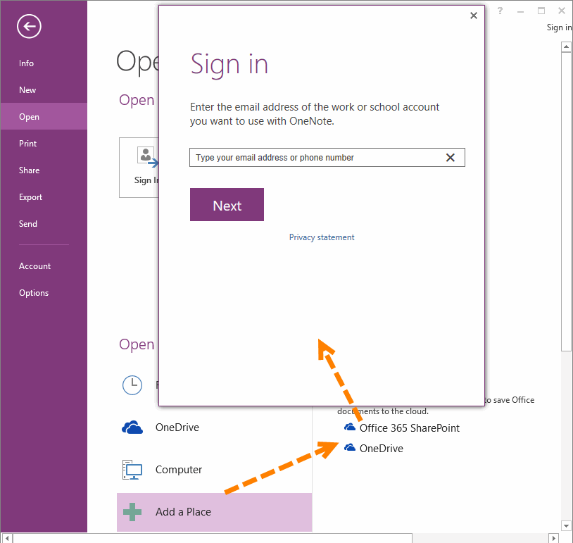 To sign in Work or School Account, in OneNote, click 
