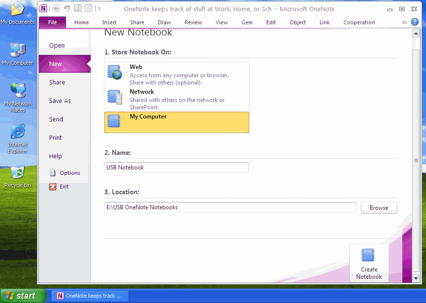 Create U Disk Notebook in OneNote 2010 in Windows XP