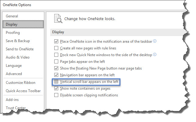 OneNote Option - Vertical Scroll Bar Appears on the Left