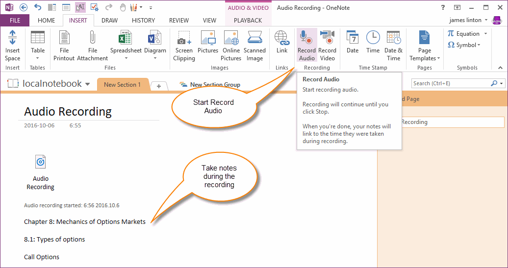 Record Audio in OneNote, Take Note During the Recording
