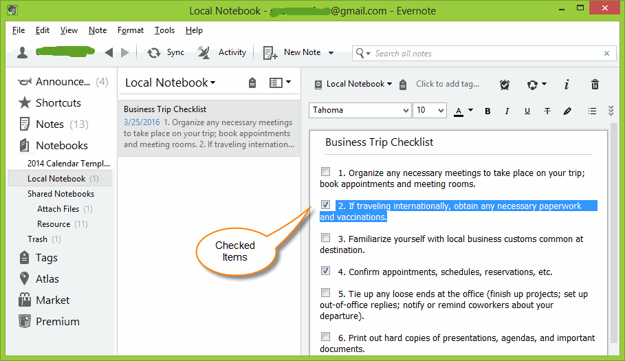 Evernote Unchecked and Checked Items