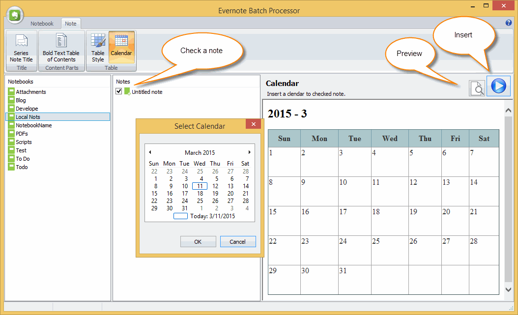 Insert calendar into Evernote Office OneNote Gem AddIns