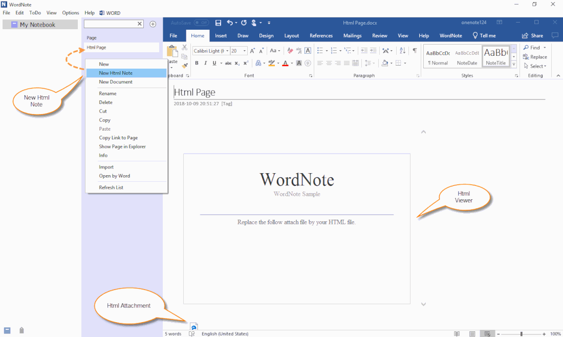 Create New HTML Note in WordNote 