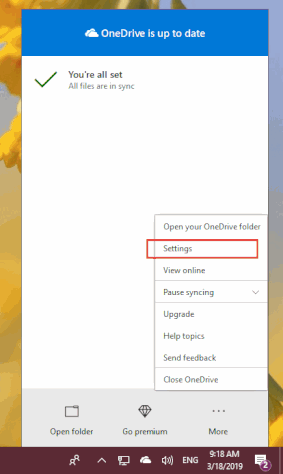 Open the Options Window of OneDrive Client 