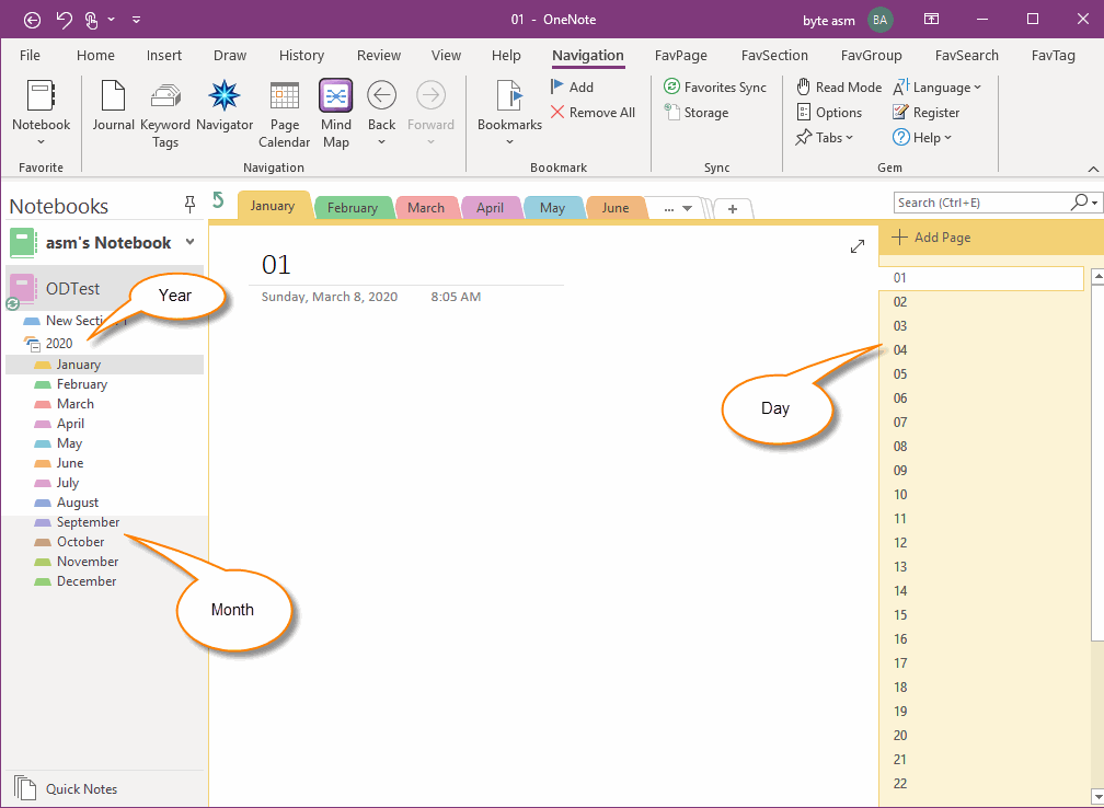 Generate Year Section Group, Monthly Sections, Day Pages
