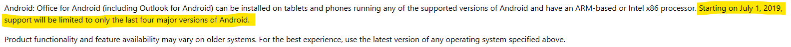 Android OneNote support will be limited to only the last 4 major versions of Android.