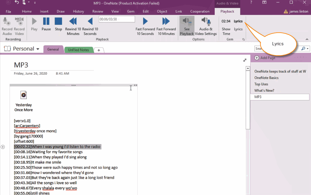 Import the .lrc lyrics track file and convert to one OneNote-recognizable audio tracks. Make OneNote as a song player with follow-up subtitles.
