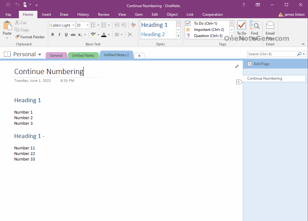 Use Gem to Continuously Number 2 Separated Numbering Lists in OneNote