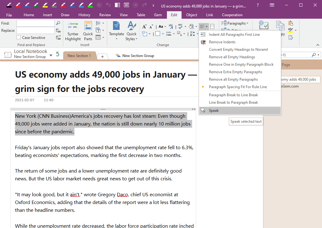 Using OneNote to speak the selected text. Like the Immersive reader playback feature in OneNote for Win10.