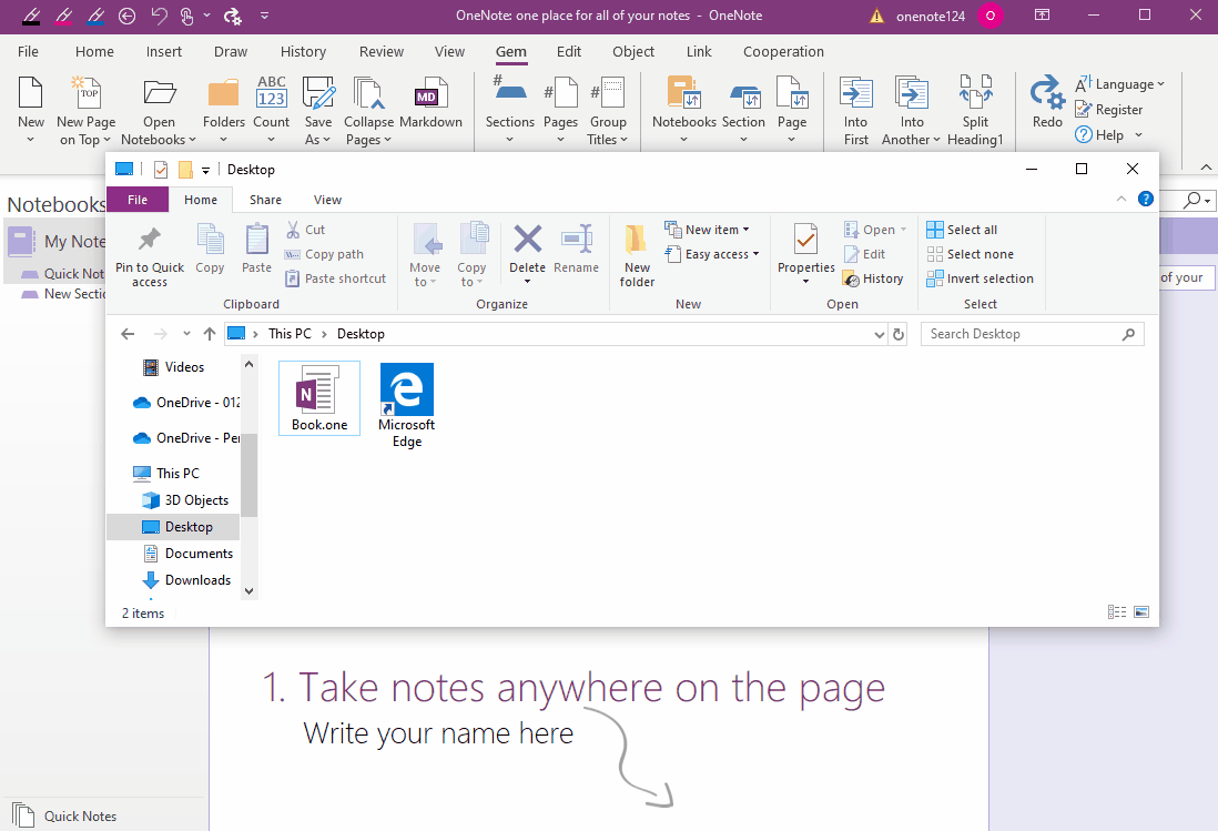 Using Gem to open a Windows folder as a OneNote notebook.