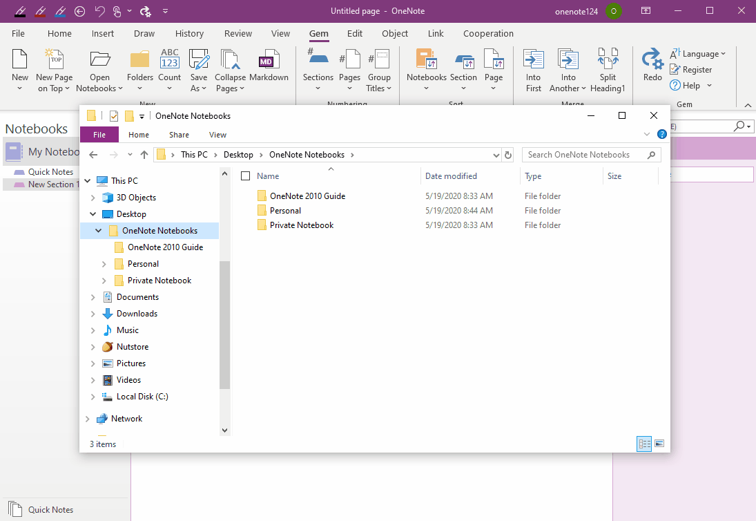 Open all OneNote notebooks in a Windows folder with the one-click from Gem for OneNote.