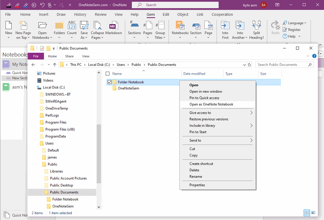 Open as OneNote Notebook Menu Item in Windows Explorer