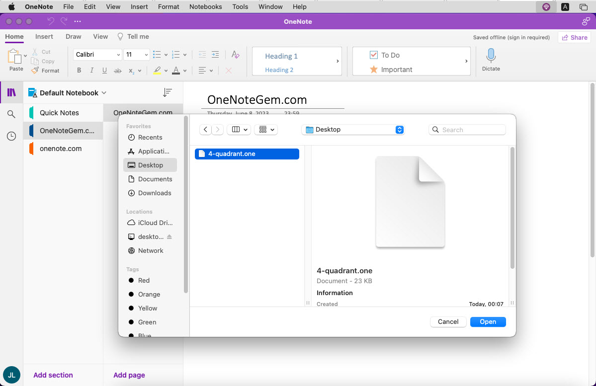 Select a Template .one File