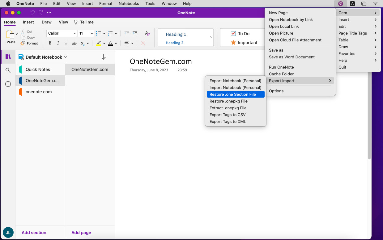 "Restore .one File" in Gem Menu