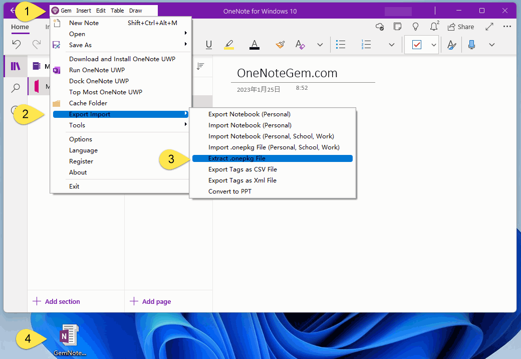 Use the Gem Menu to Extract the onepkg Package