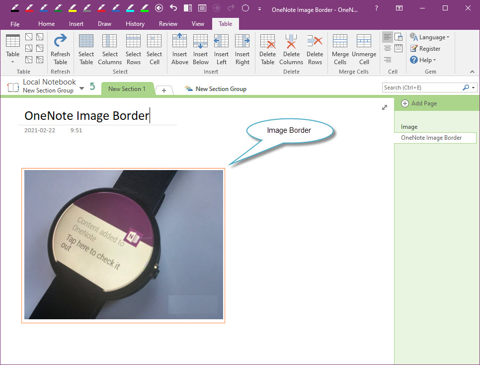 Use Gem Table to add a colored border to OneNote's picture.